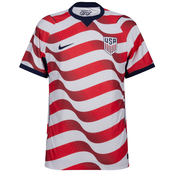 Equipación local de la selección de EE. UU. para el Mundial 2026, inspirada en la bandera nacional con un diseño dinámico.