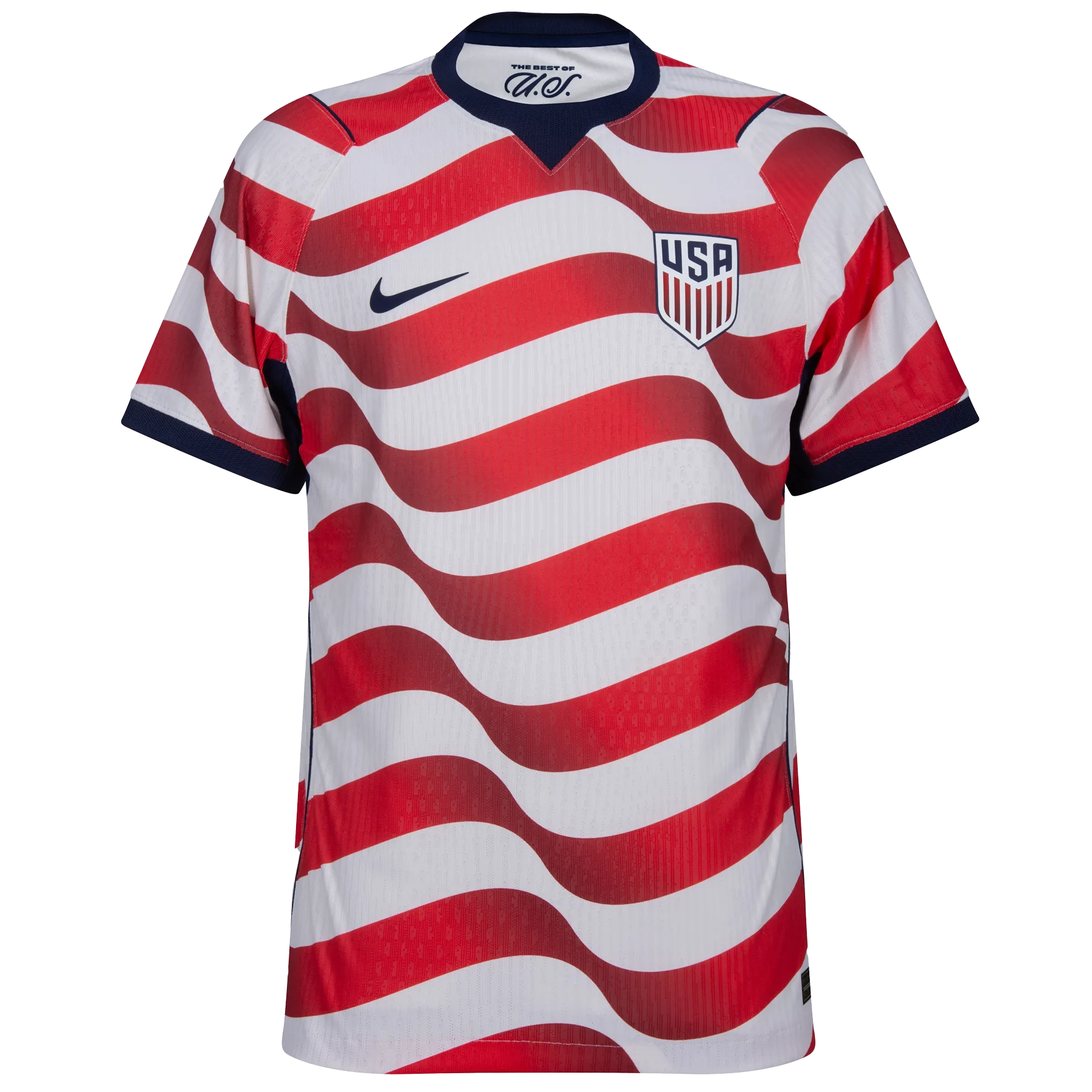 Camiseta de la selección de Estados Unidos para el Mundial 2026 - Primera equipación con franjas rojas y blancas onduladas.