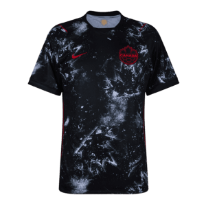 Camiseta de la selección de Canadá para el Mundial 2026 - Equipación negra con patrón de hojas de arce estilo escarcha.