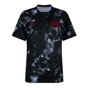 Camiseta de la selección de Canadá para el Mundial 2026 - Equipación negra con patrón de hojas de arce estilo escarcha.