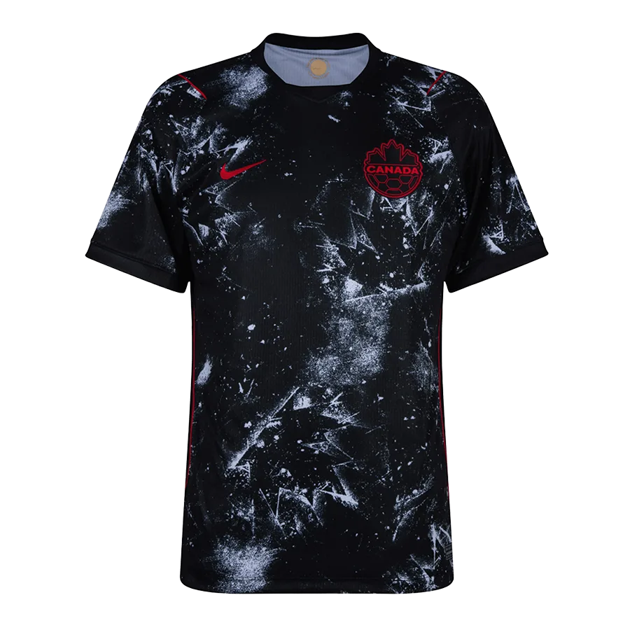 Camiseta de la selección de Canadá para el Mundial 2026 - Equipación negra con patrón de hojas de arce estilo escarcha.