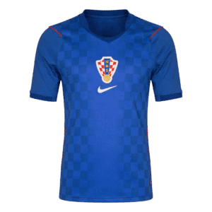 Camiseta de la selección de Croacia para el Mundial 2026 - Equipación visitante azul con patrón de damero tonal.