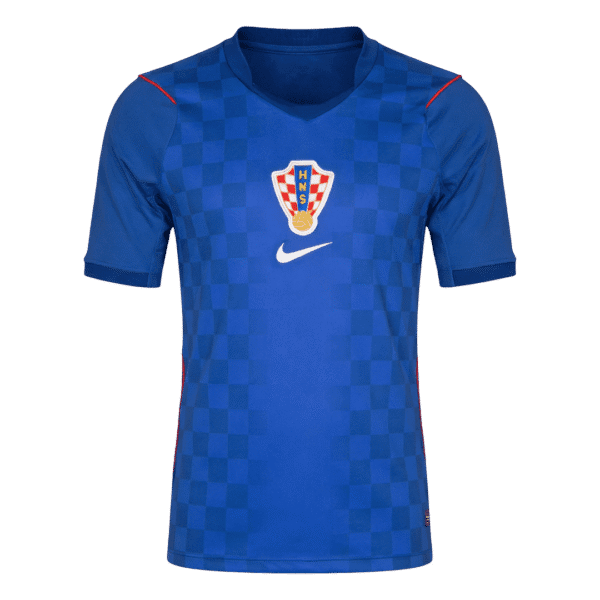 Nueva equipación visitante de la selección croata para la Copa del Mundo 2026 con diseño de cuadros modernos.
