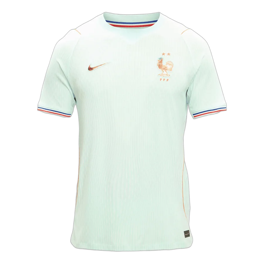 Camiseta de la selección de Francia para el Mundial 2026 - Equipación visitante blanca con finas líneas azules y rojas.