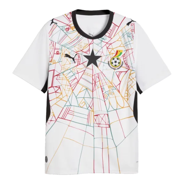 Equipación de Ghana para el torneo 2026 con diseño artístico de telaraña multicolor y detalles tradicionales.