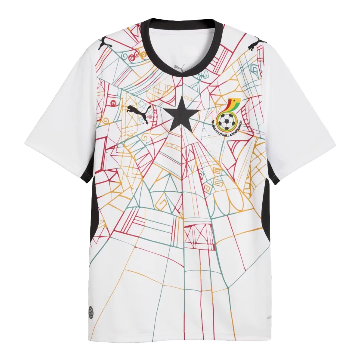 Camiseta de la selección de Ghana para el Mundial 2026 - Equipación blanca con patrones geométricos multicolores y estrella negra central.