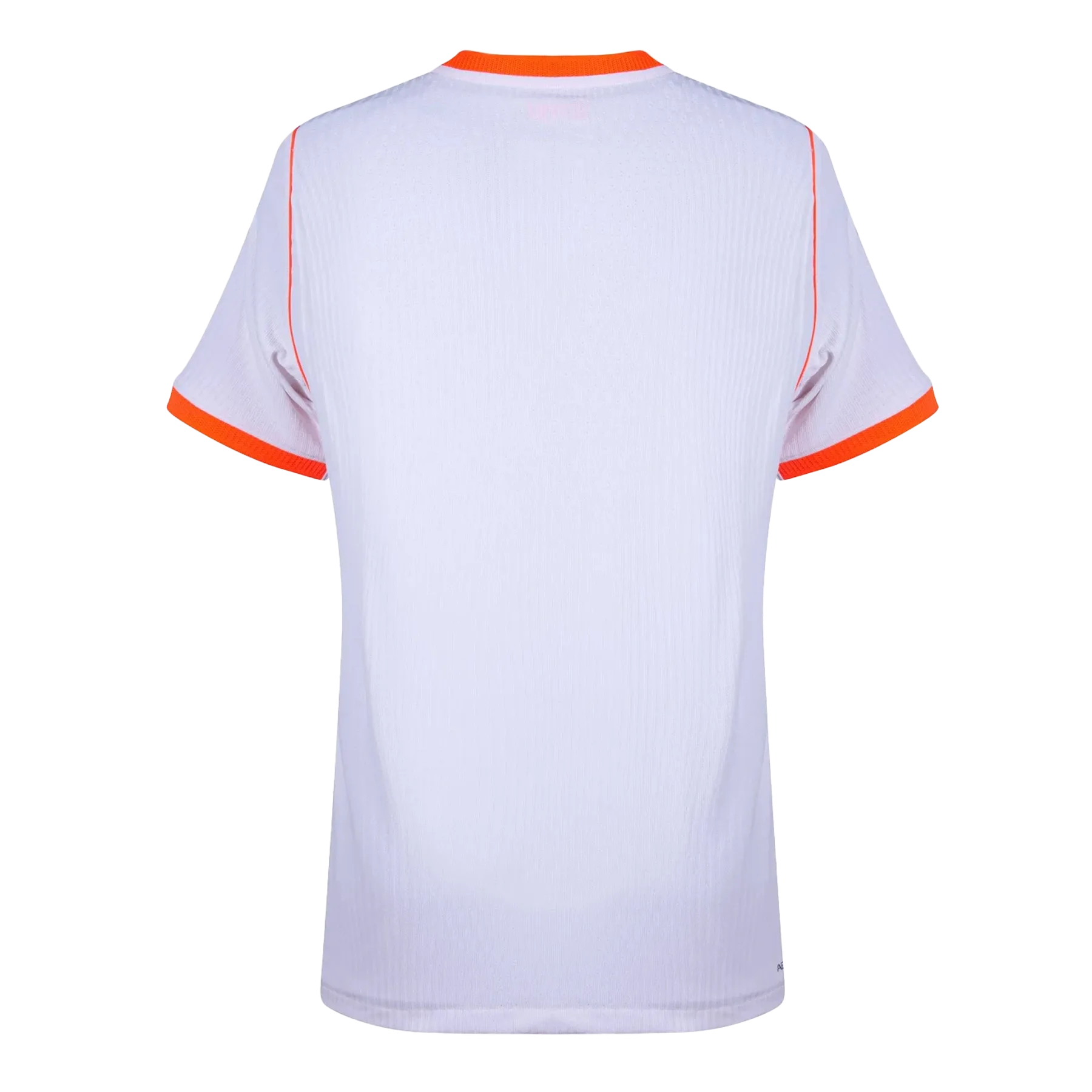 Dorsal de la camiseta de Países Bajos para el Mundial 2026 - Vista trasera blanca con ribetes naranjas.