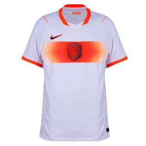 Camiseta de la selección de Países Bajos para el Mundial 2026 - Equipación de visitante blanca con franja naranja degradada.
