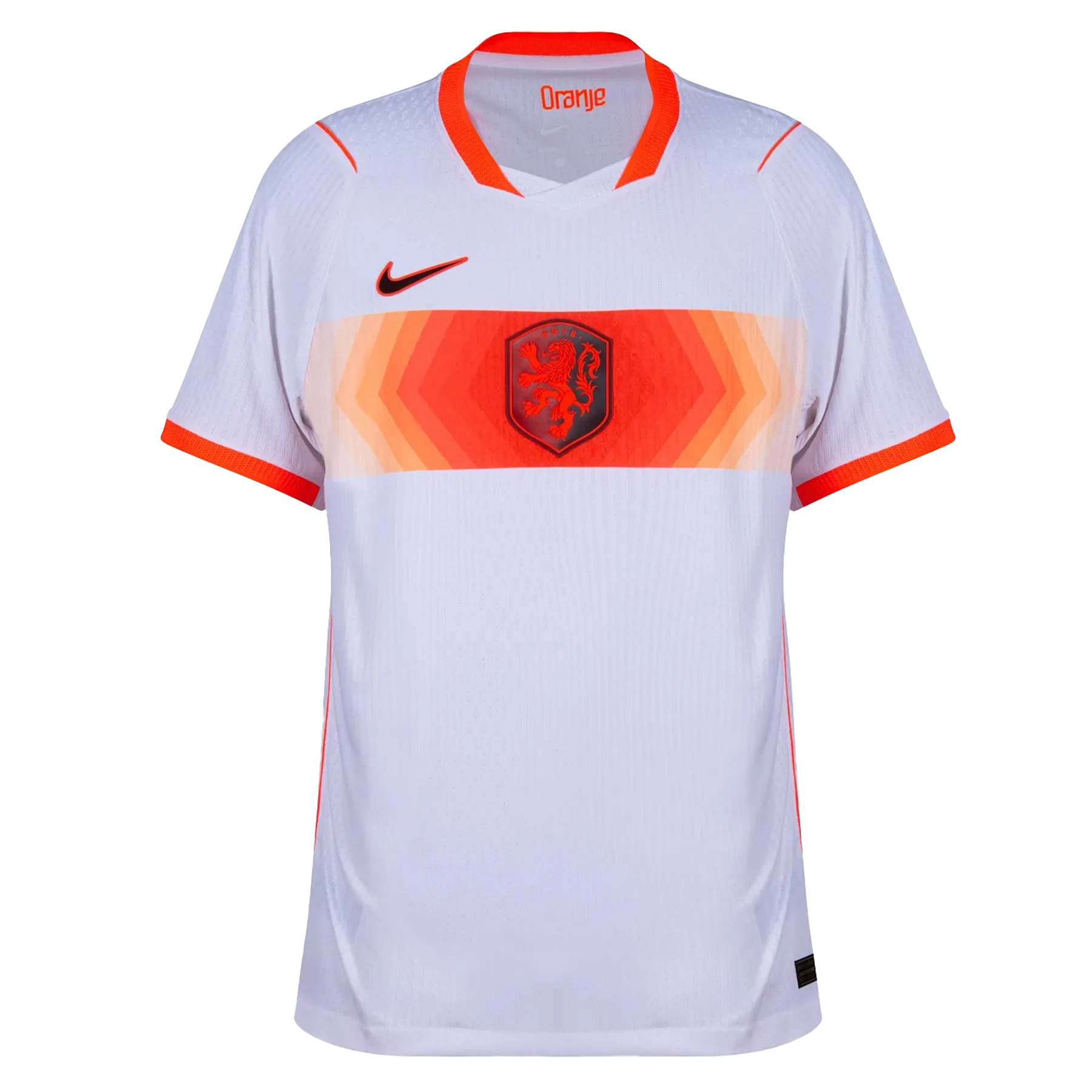 Camiseta de la selección de Países Bajos para el Mundial 2026 - Equipación de visitante blanca con franja naranja degradada.