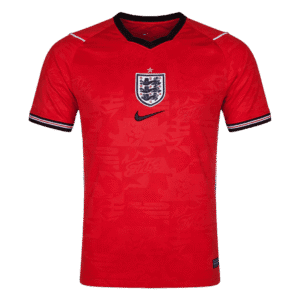 Camiseta de la selección de Inglaterra para el Mundial 2026 - Equipación visitante azul oscuro con detalles en azul claro y rojo.
