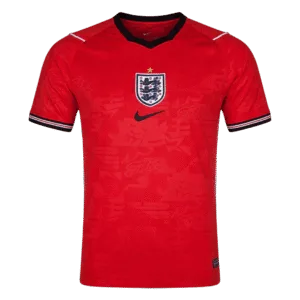 Camiseta de la selección de Inglaterra para el Mundial 2026 - Equipación visitante azul oscuro con detalles en azul claro y rojo.