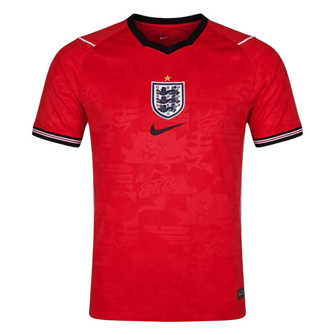 Camiseta de la selección de Inglaterra para el Mundial 2026 - Equipación visitante azul oscuro con detalles en azul claro y rojo.