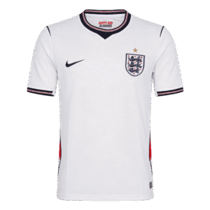 Camiseta de la selección de Inglaterra para el Mundial 2026 - Equipación local blanca con detalles en azul y rojo.
