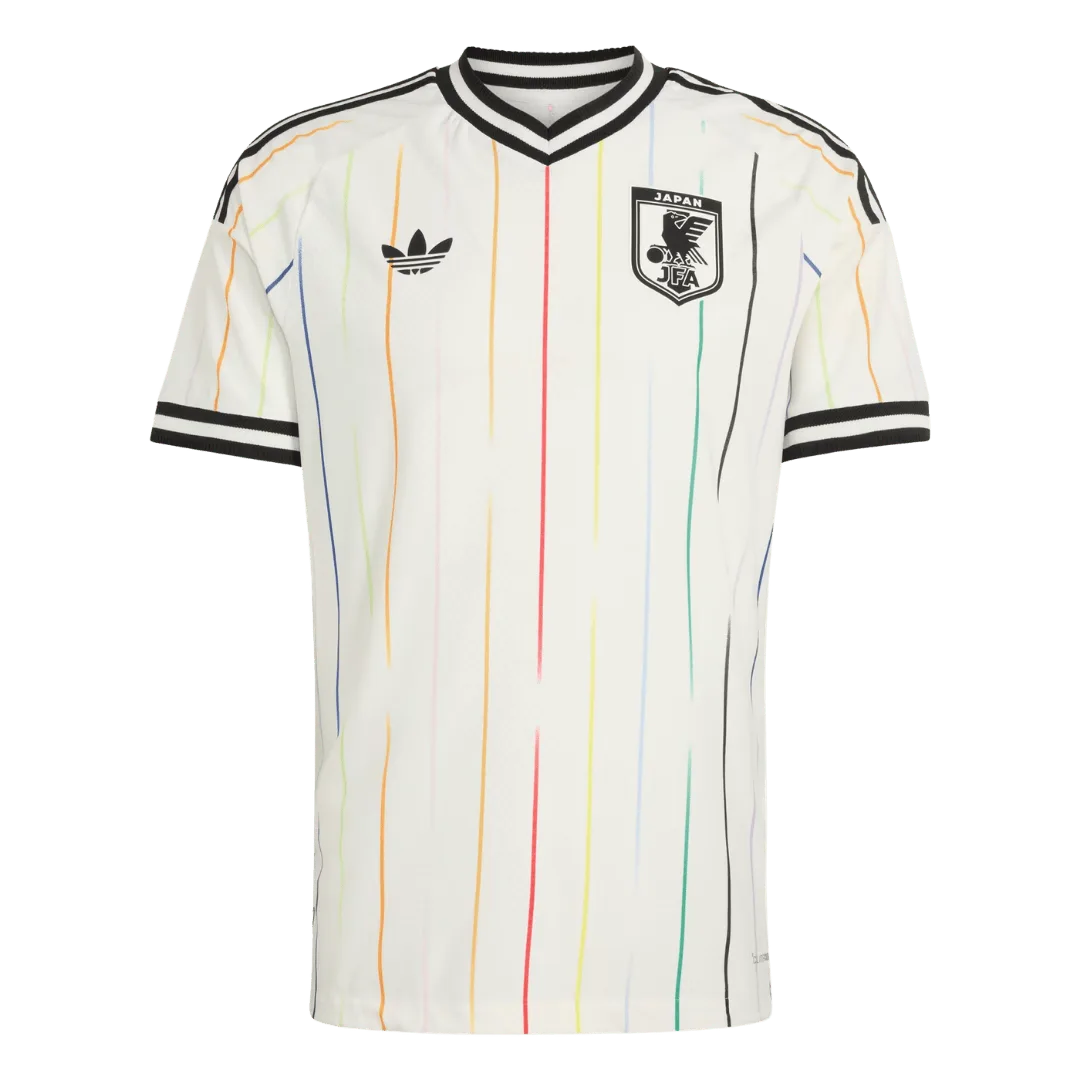 Camiseta de la selección de Japón para el Mundial 2026 - Equipación visitante blanca con finas líneas multicolores.