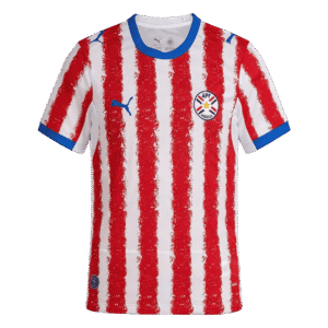 Camiseta de la selección de Paraguay para el Mundial 2026 - Equipación local con franjas rojas y blancas de efecto artístico.
