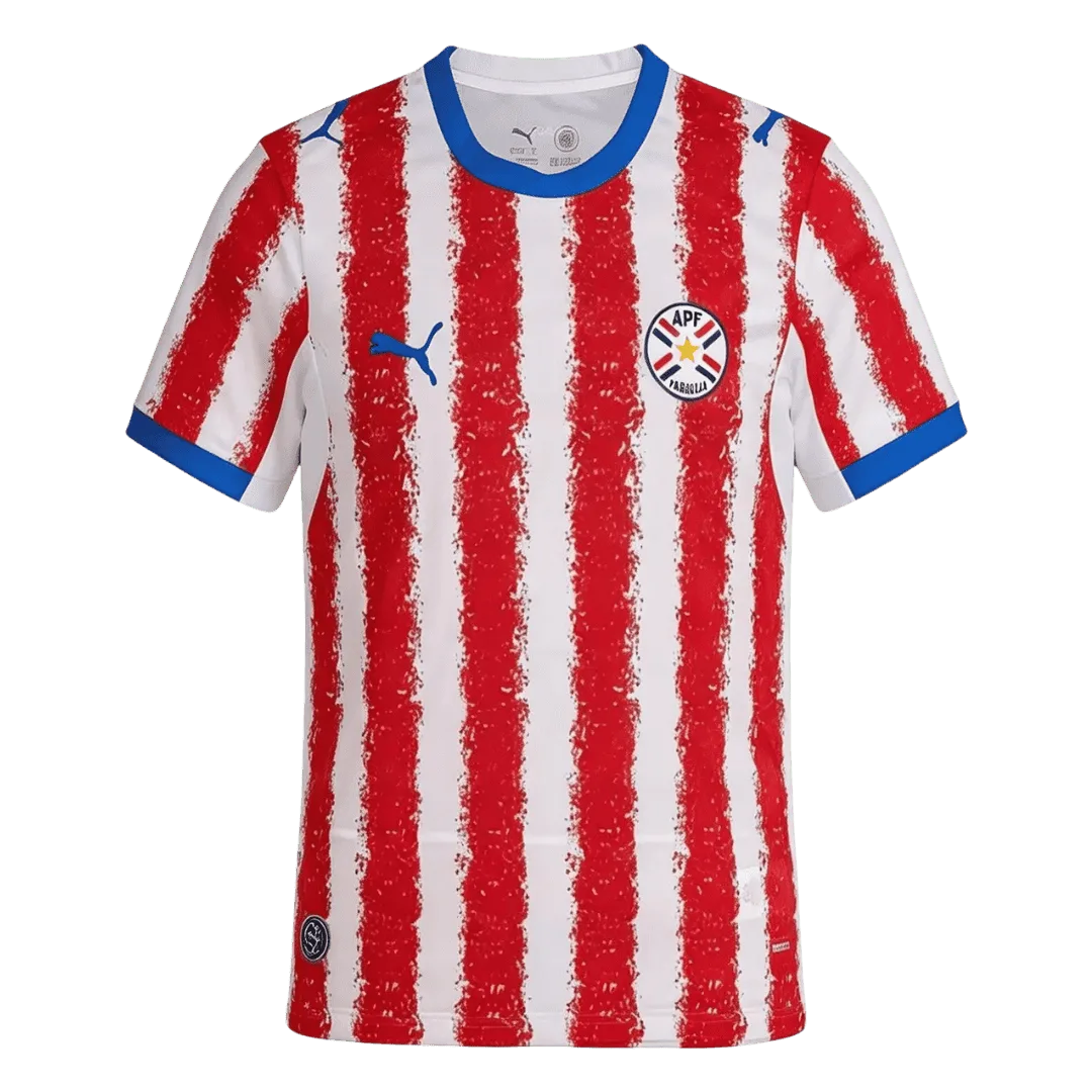 Camiseta de la selección de Paraguay para el Mundial 2026 - Equipación local con franjas rojas y blancas de efecto artístico.
