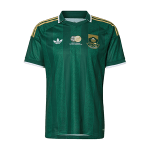 Camiseta de la selección de Sudáfrica para el Mundial 2026 - Equipación visitante verde con detalles amarillos.