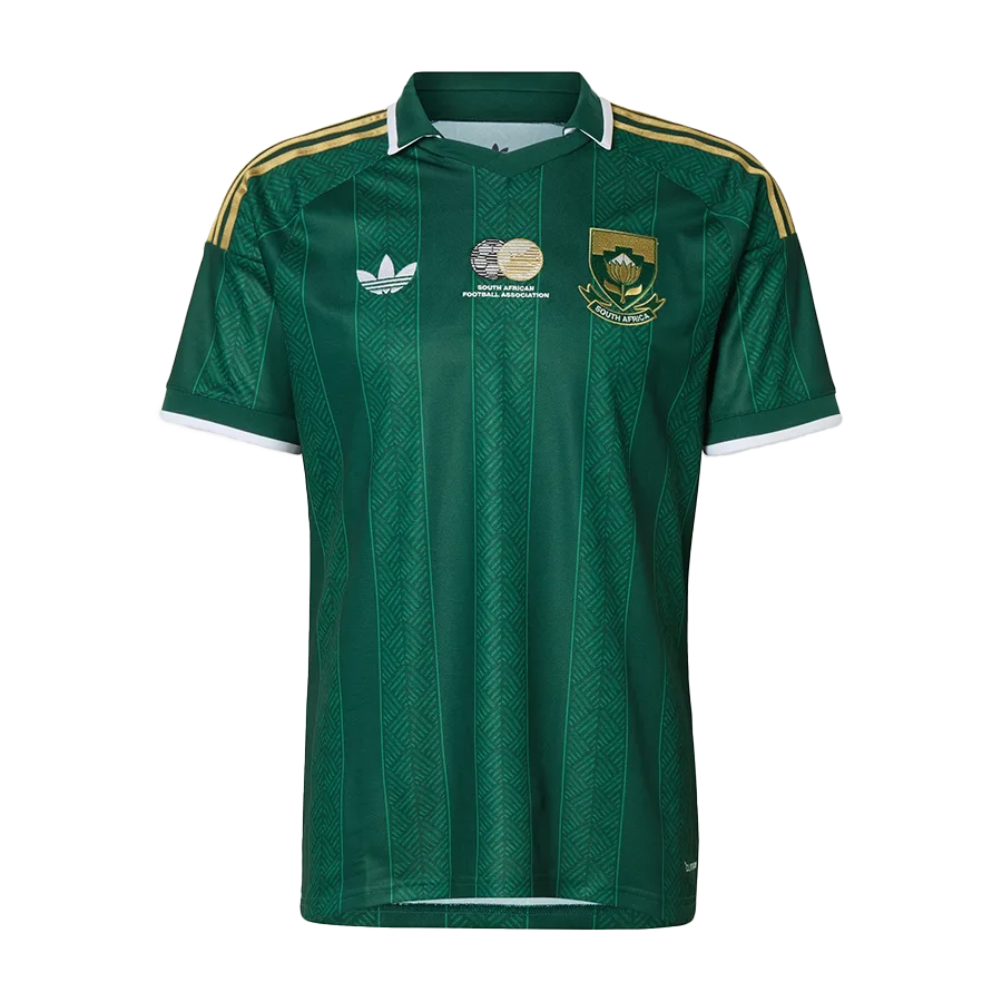 Camiseta de la selección de Sudáfrica para el Mundial 2026 - Equipación visitante verde con detalles amarillos.