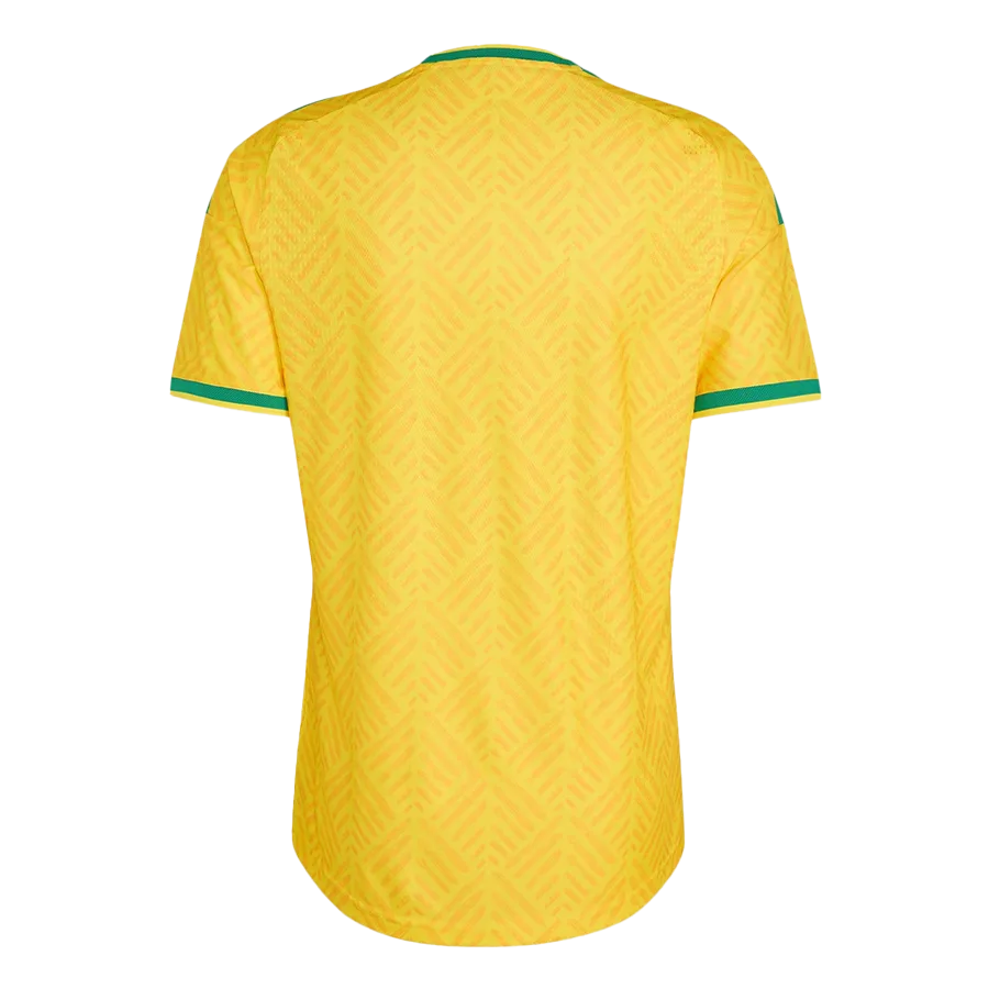 Dorsal de la camiseta de la selección de Sudáfrica para el Mundial 2026 - Equipación local amarilla con patrón gráfico.