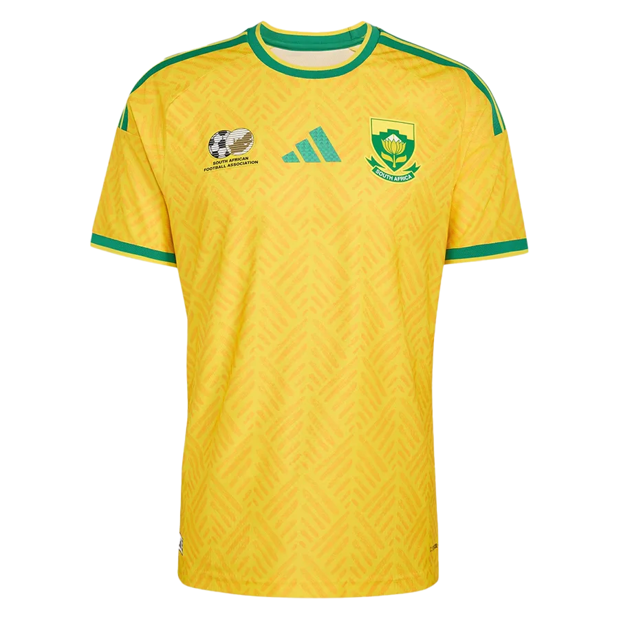 Camiseta de la selección de Sudáfrica para el Mundial 2026 - Equipación local amarilla con detalles verdes.