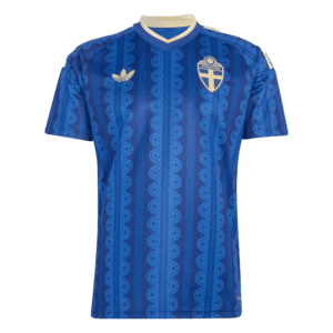 Camiseta de la selección de Suecia para el Mundial 2026 - Equipación visitante azul con patrón gráfico de ondas verticales.