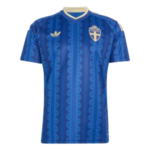 Camiseta de la selección de Suecia para el Mundial 2026 - Equipación visitante azul con patrón gráfico de ondas verticales.