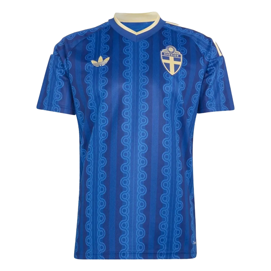 Camiseta de la selección de Suecia para el Mundial 2026 - Equipación visitante azul con patrón gráfico de ondas verticales.