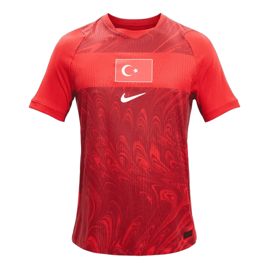 Camiseta de la selección de Turquía para el Mundial 2026 - Equipación visitante roja con patrones de ondas tonales.
