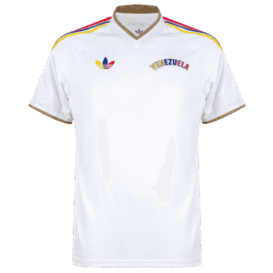 Camiseta de la selección de Venezuela para el Mundial 2026 - Equipación visitante blanca con detalles tricolores y dorados.