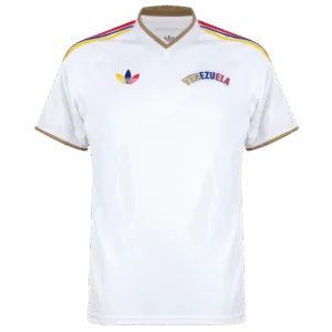 Camiseta de la selección de Venezuela para el Mundial 2026 - Equipación visitante blanca con detalles tricolores y dorados.