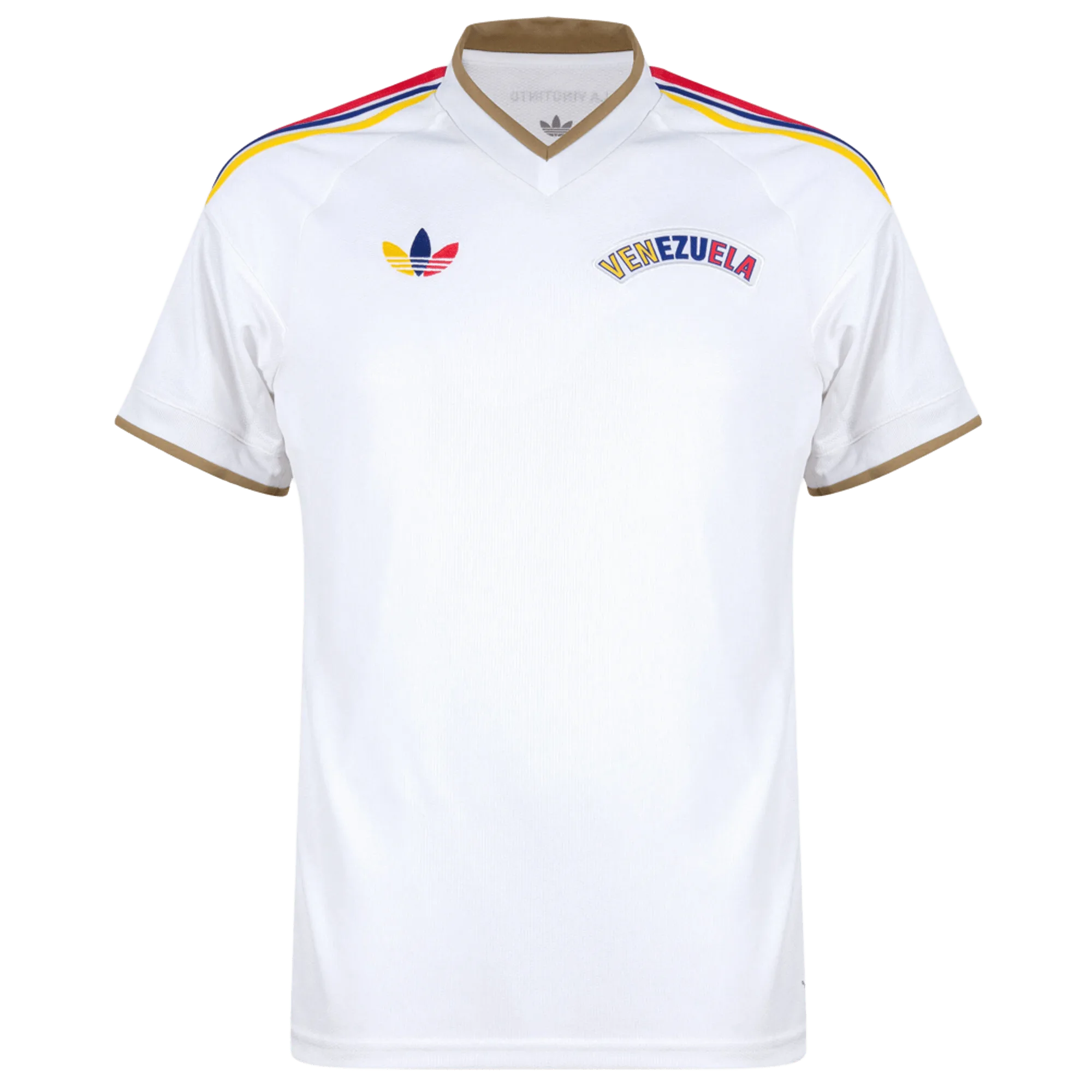 Camiseta de la selección de Venezuela para el Mundial 2026 - Equipación visitante blanca con detalles tricolores y dorados.