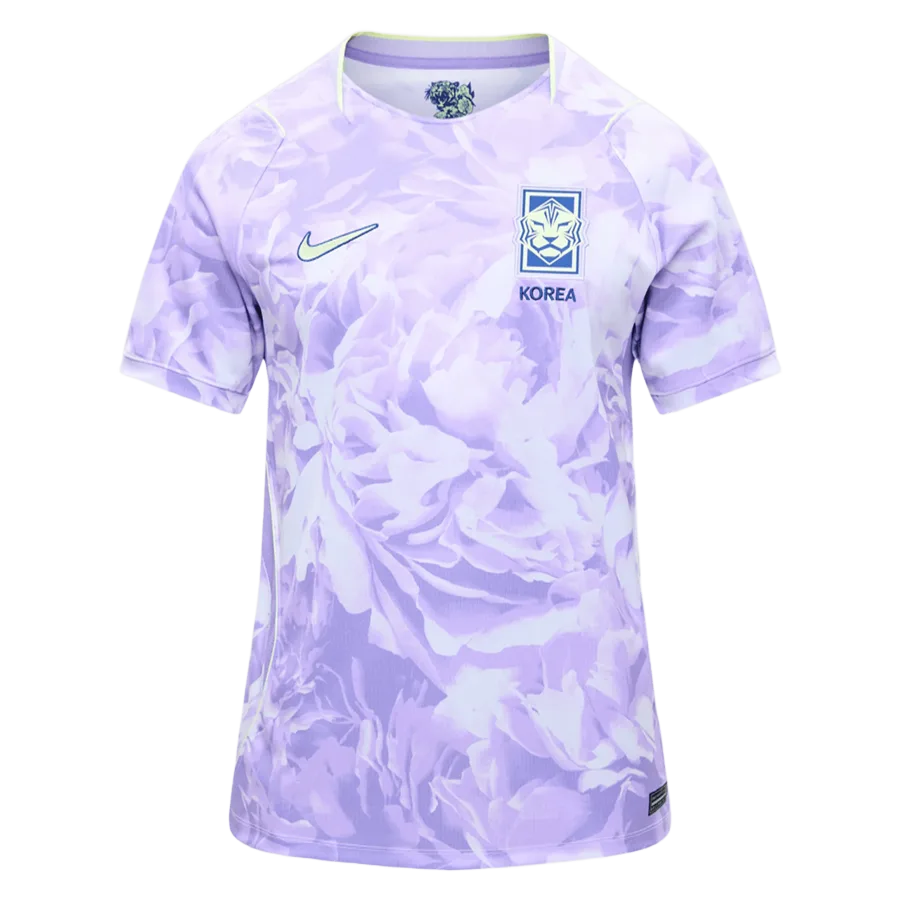 Camiseta de la selección de Corea del Sur para el Mundial 2026 - Equipación visitante lila con patrón floral artístico.