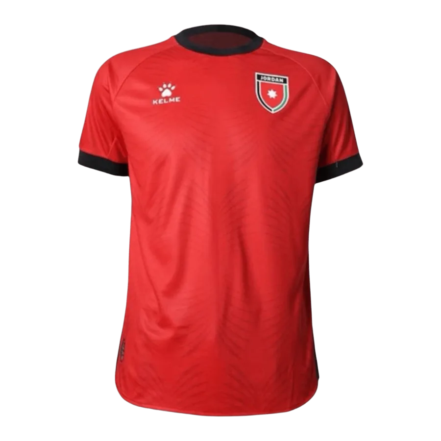 Camiseta de la selección de Jordania para el Mundial 2026 - Equipación visitante roja con detalles negros.