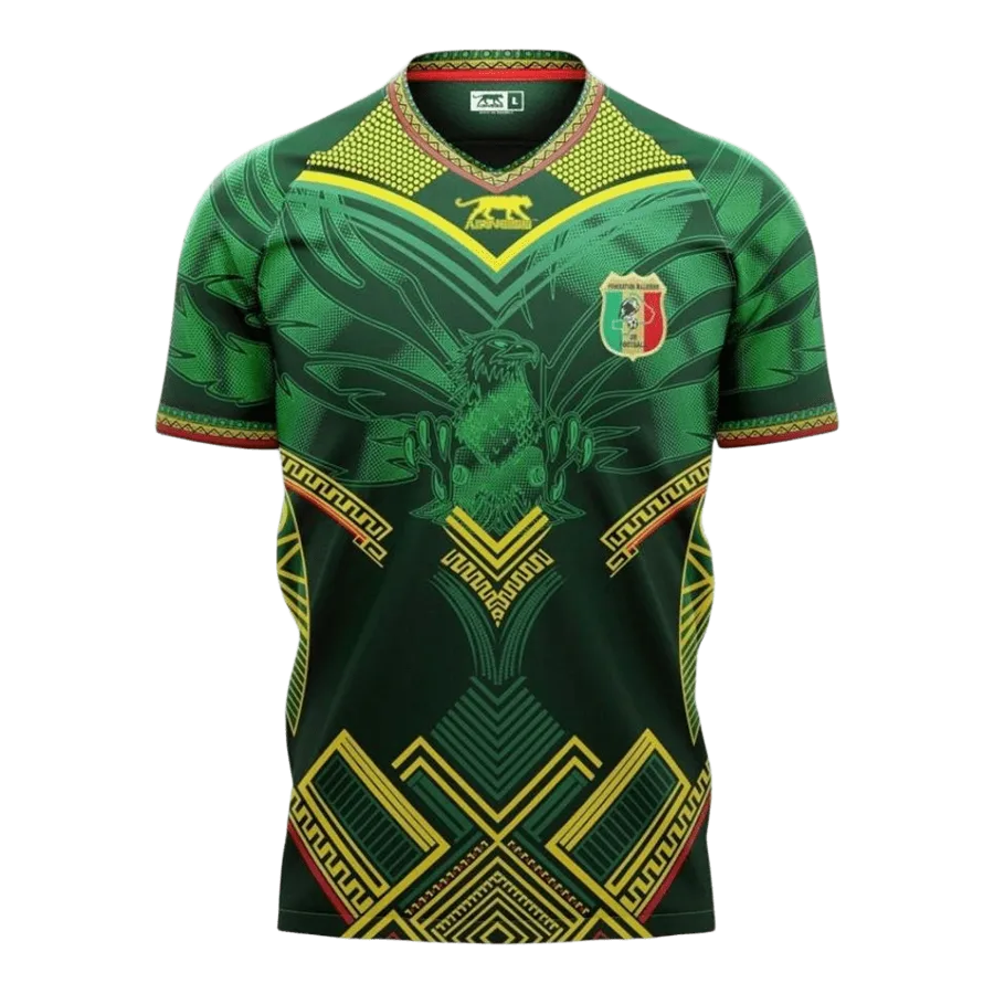 Camiseta de la selección de Malí para el Mundial 2026 - Equipación visitante verde con diseño gráfico de águila y patrones geométricos.