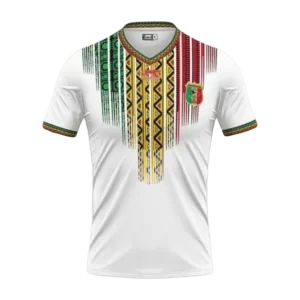 Camiseta de la selección de Malí para el Mundial 2026 - Equipación local blanca con patrón étnico tricolor en el pecho.
