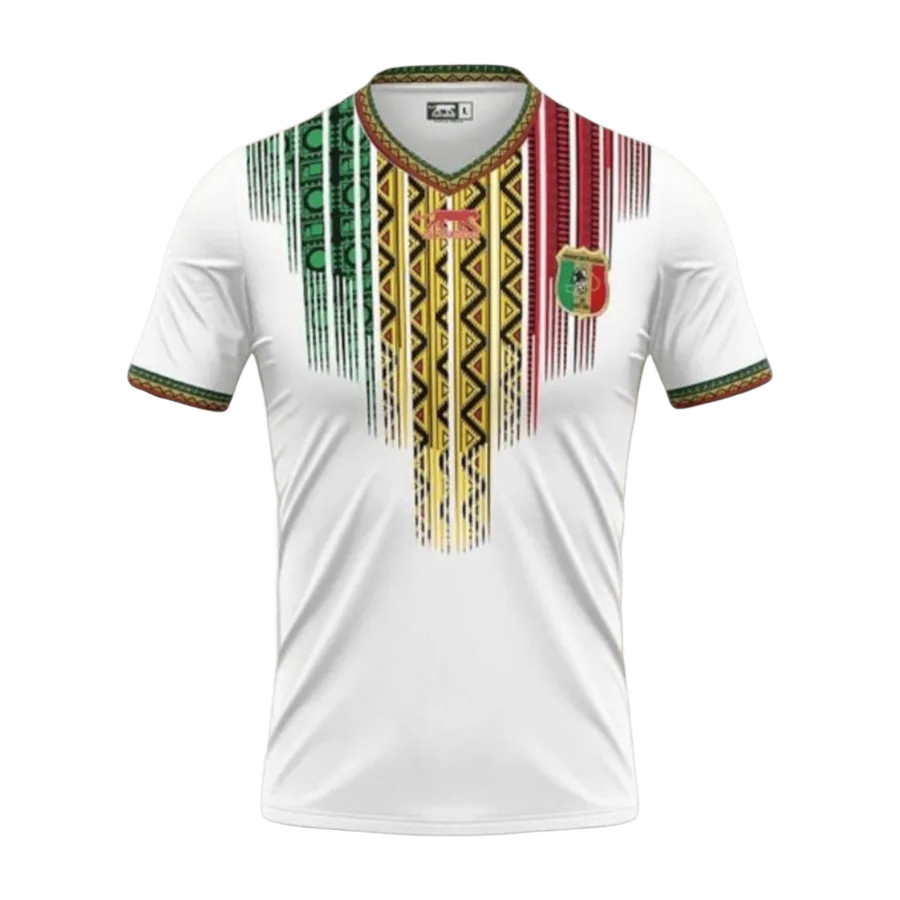 Camiseta de la selección de Malí para el Mundial 2026 - Equipación local blanca con patrón étnico tricolor en el pecho.