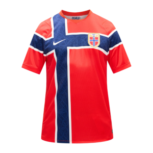 Camiseta local de Noruega Mundial 2026 - Diseño rojo con gran cruz nórdica azul y blanca.