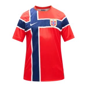 Camiseta local de Noruega Mundial 2026 - Diseño rojo con gran cruz nórdica azul y blanca.